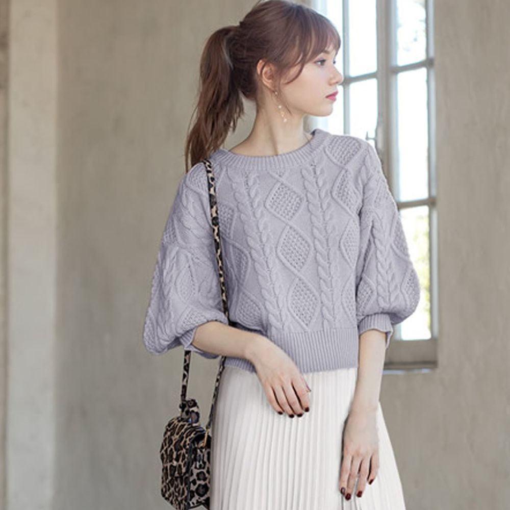日本 GRL - 編織紋美腰綁帶寬鬆短版七分袖針織上衣-灰藍