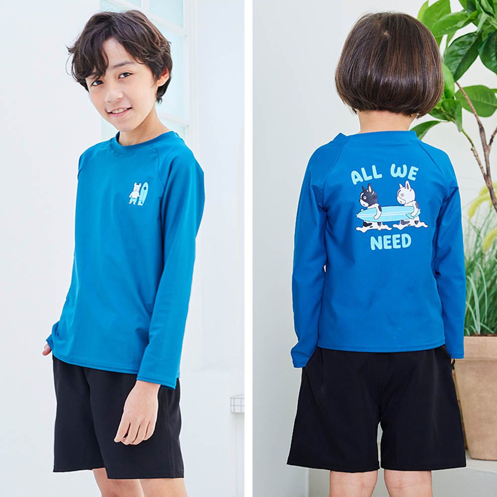 UPF 50+抗UV兩件式兒童泳衣/泳裝(長袖X短褲)-衝浪狗狗-藍X黑