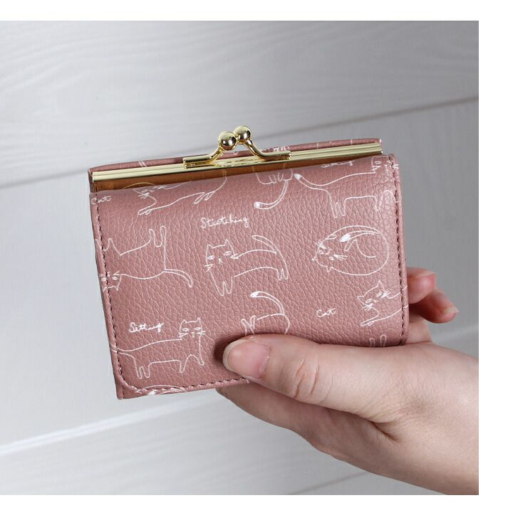 日本 LIZDAYS - 皮質迷你口金三折短夾/錢包-貓咪-時尚黑 (10x8x3.5cm)