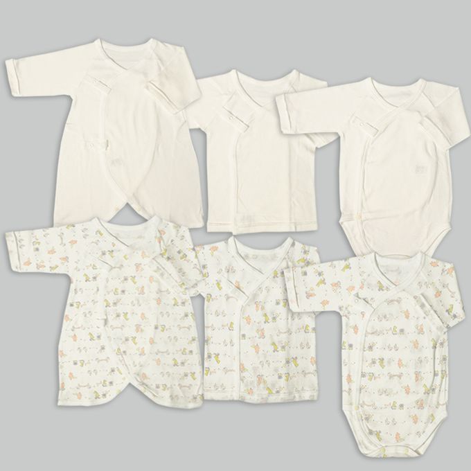 akachan honpo - 長袖新生兒內衣6件組-按扣款-米白色 (50~60cm)