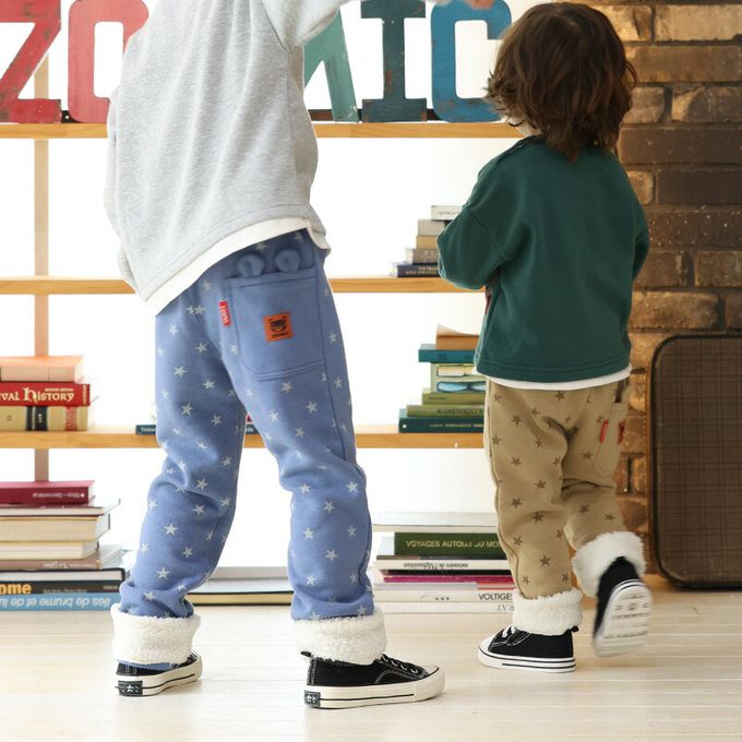 日本 ZOOLAND - 熊耳口袋滿版星星裏毛長褲-卡其