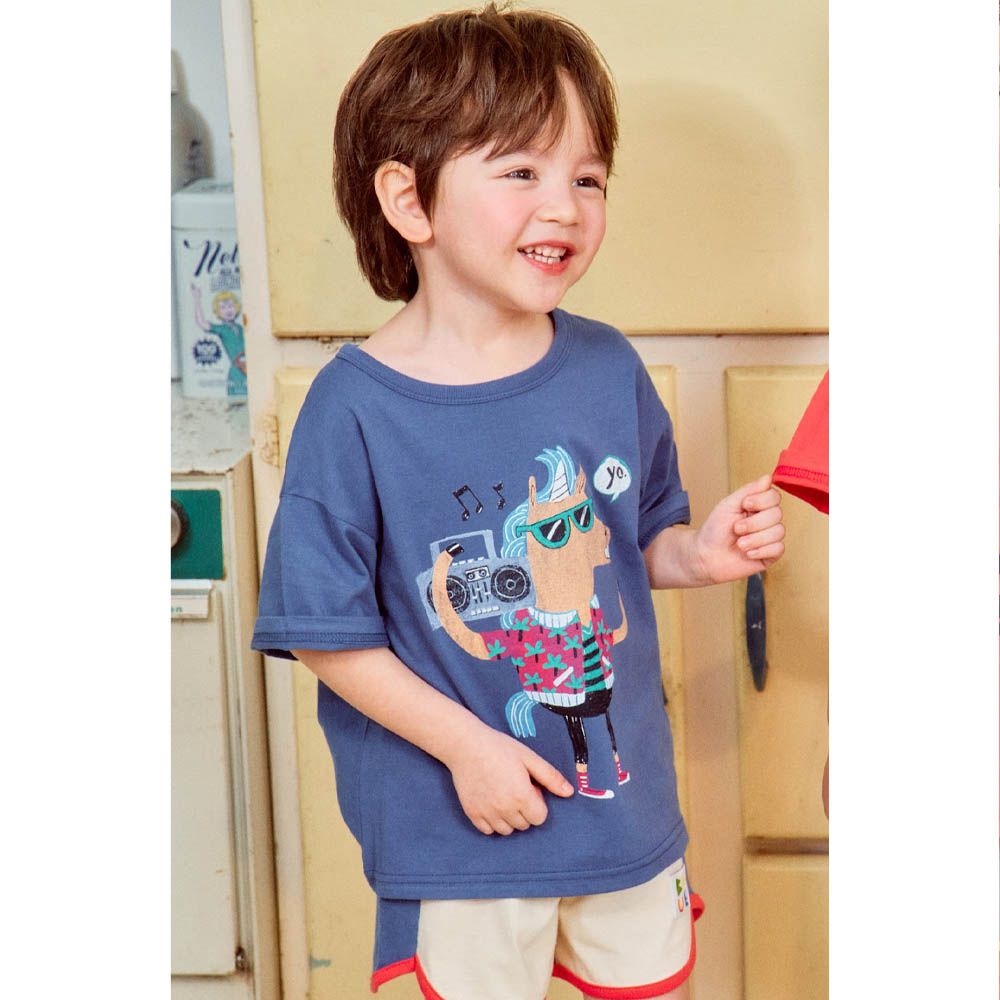 動物塗鴉短袖上衣-嘻哈馬-深藍