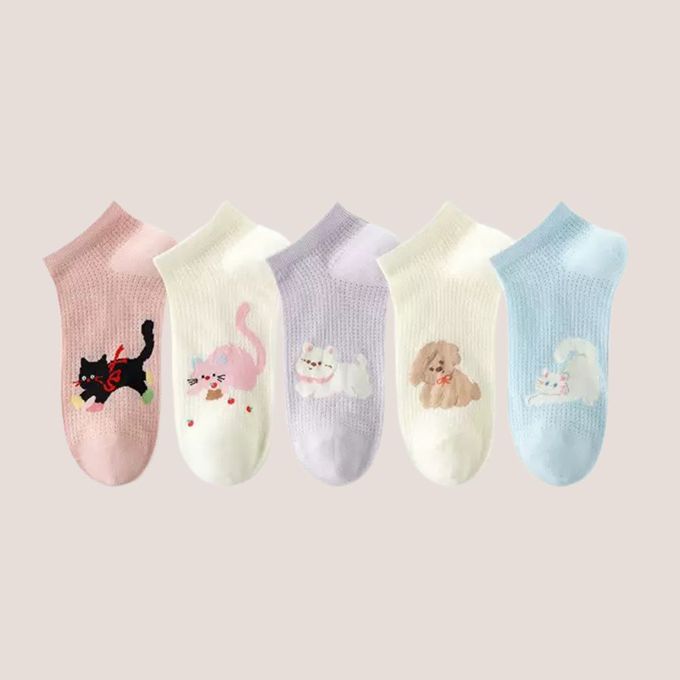 韓風插畫貓咪小狗網眼低筒棉襪