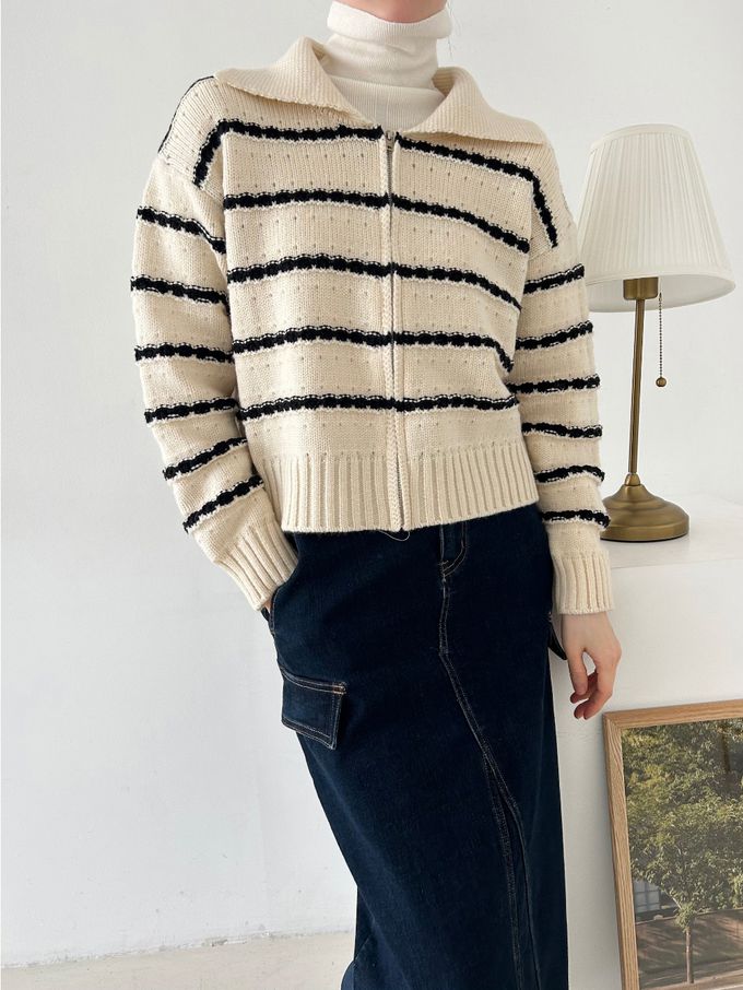 韓國女裝連線 - 勾線條紋針織翻領外套-黑底X米白 (FREE)