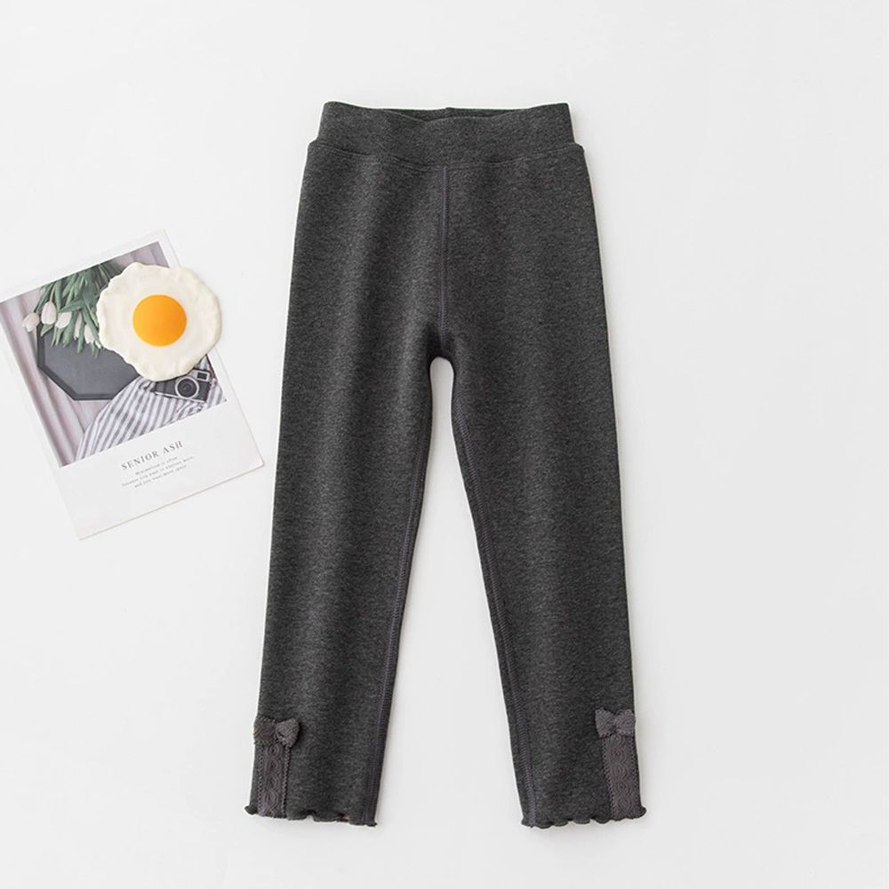 保暖微抓絨內搭褲-蕾絲蝴蝶結-灰色