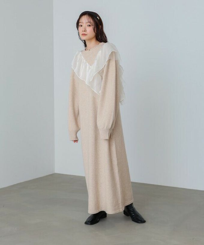 日本 Bab - 交叉薄紗荷葉柔美針織長袖洋裝-咖啡