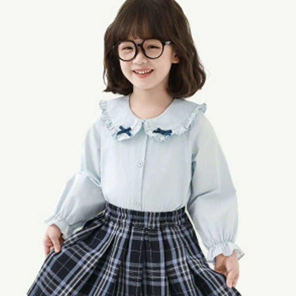 學院風兔耳造型娃娃翻領長袖襯衫-淺藍