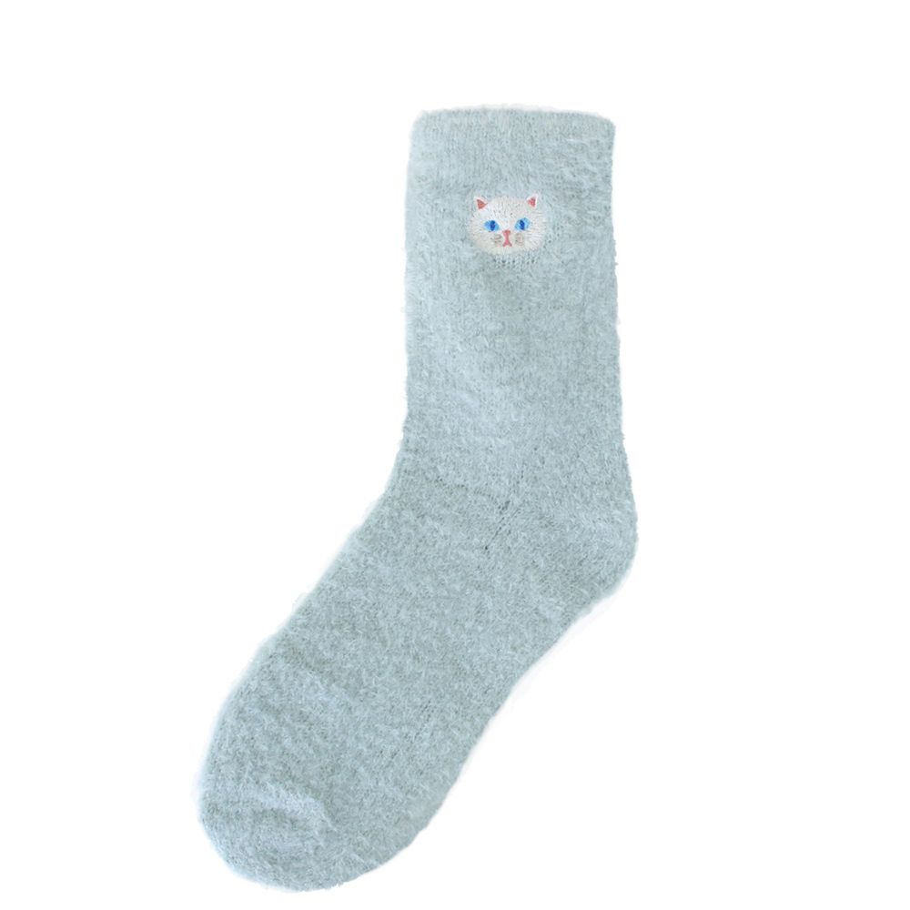 日本 TOMO - 可愛動物刺繡毛絨保暖襪-波斯貓-水藍 (22-25cm)