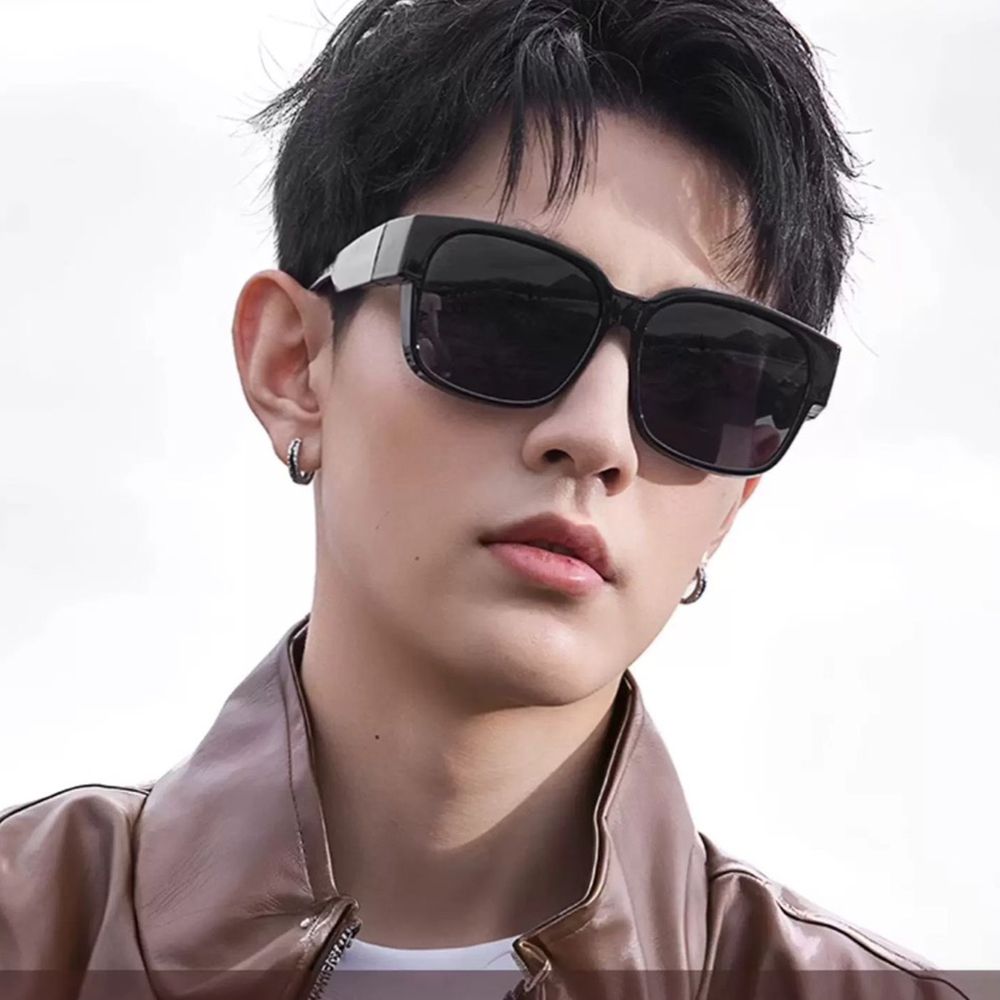 休閒時尚曜影黑方框全罩式寶麗來偏光墨鏡│外掛式UV400太陽眼鏡 (曜影黑)