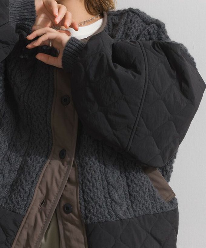 日本 Lupilien - 立體麻花絎縫拼接無領保暖外套-黑