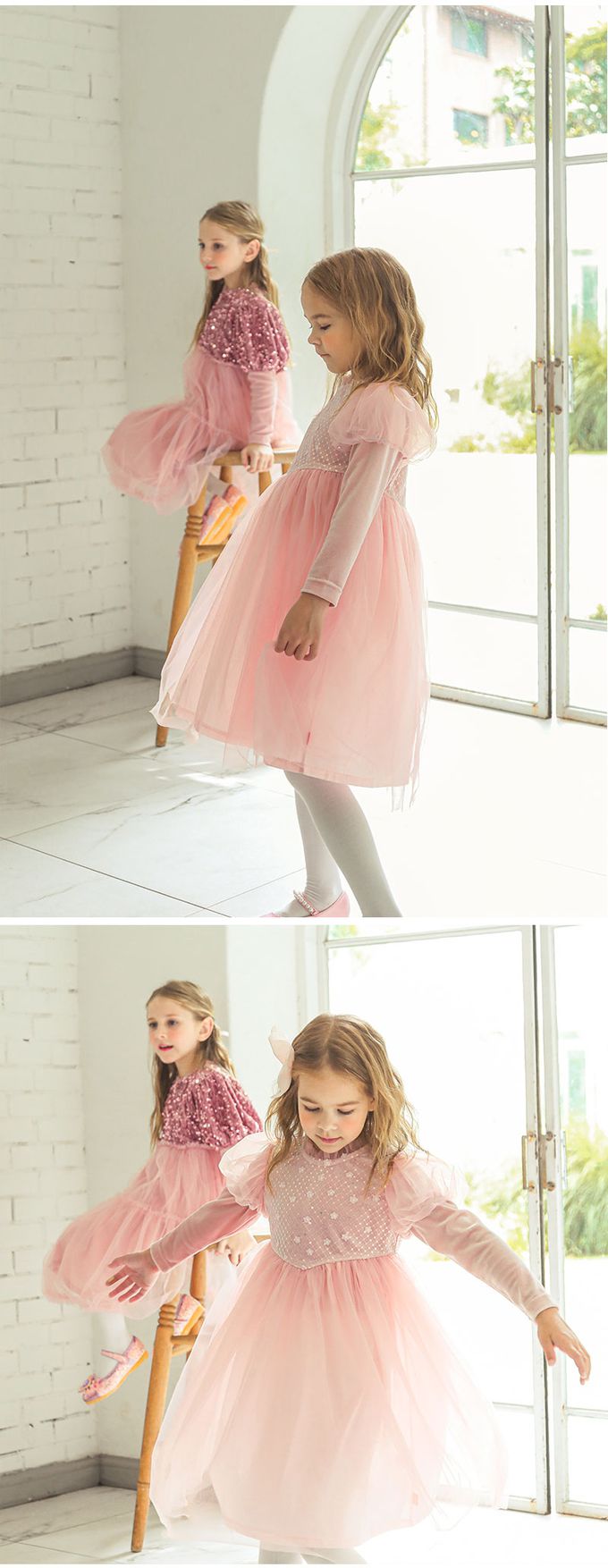 韓國 OZKIZ - 花朵亮片點綴網紗公主袖洋裝-粉