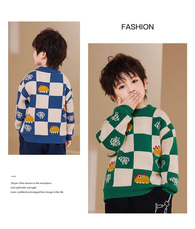 圓領保暖針織長袖上衣/毛衣-拼色格紋恐龍-藍色