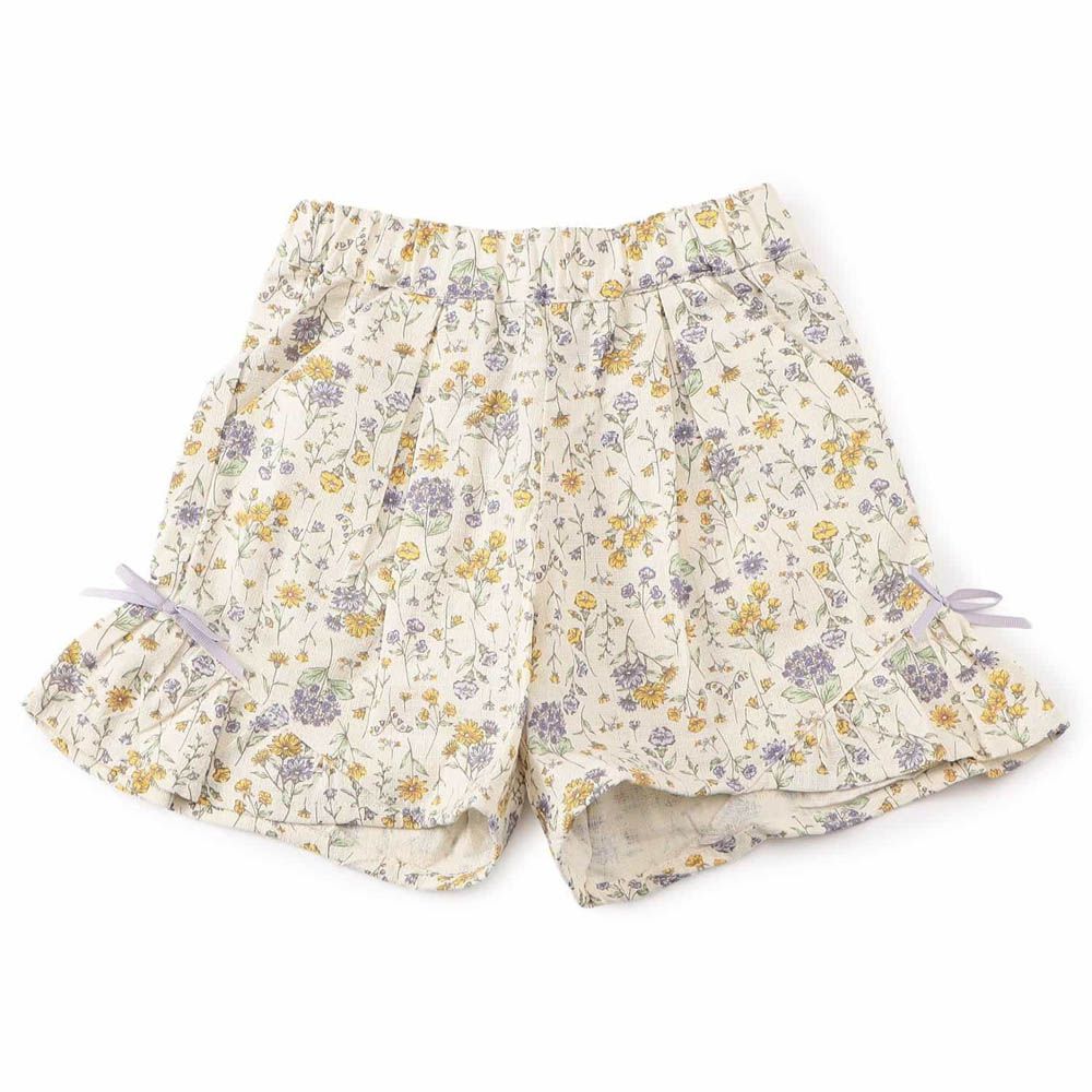 二側可愛蝴蝶結寬擺短褲-小花-米白