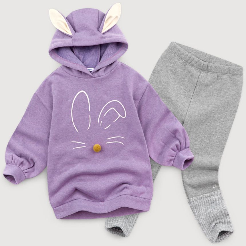 韓國 Jelispoon - (內刷毛)兔耳朵造型帽T套裝-粉紅