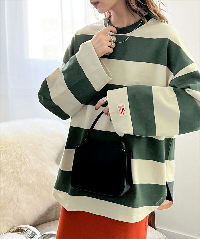 日本 Classical Elf - 美式休閒落肩長袖上衣-寬版條紋-米杏x棕