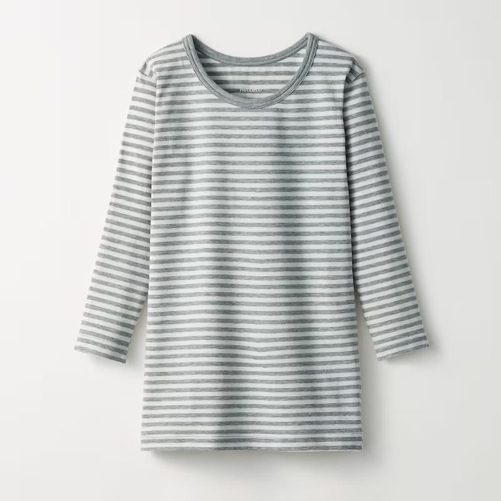 日本千趣會 - 95%棉 兒童圓領九分袖發熱衣-灰白條紋