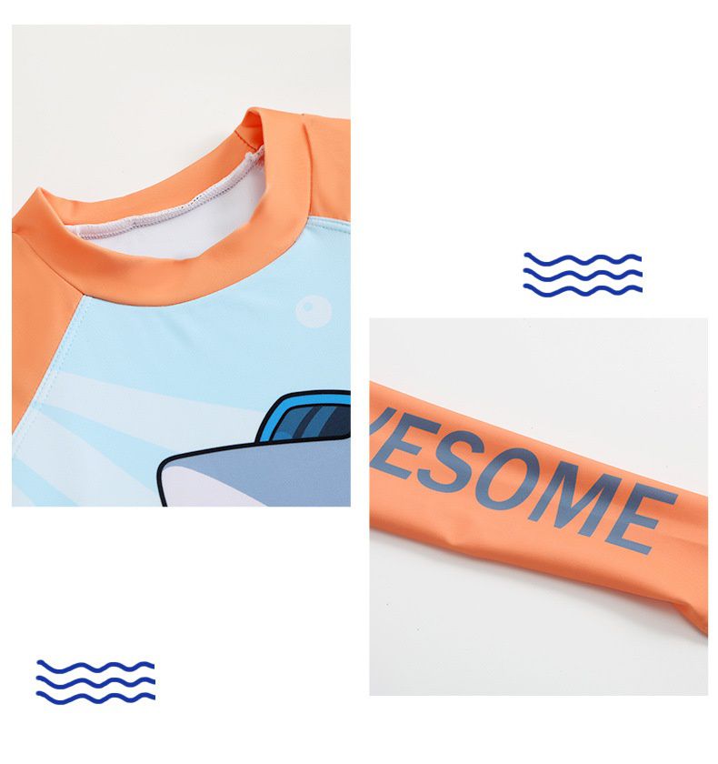 男寶童趣卡通圖長袖泳衣套裝(三件組)-墨鏡鯊魚-灰藍+橘-泳帽、泳衣、泳褲