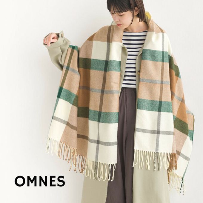 日本 OMNES - 羊毛混紡經典格紋圍巾披肩-M(黑x杏)
