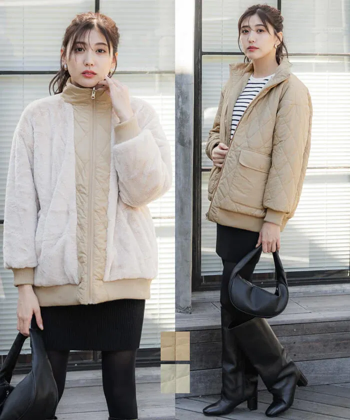 日本 COCA - 雙面穿絨毛絎縫立領鋪棉夾克-軍綠