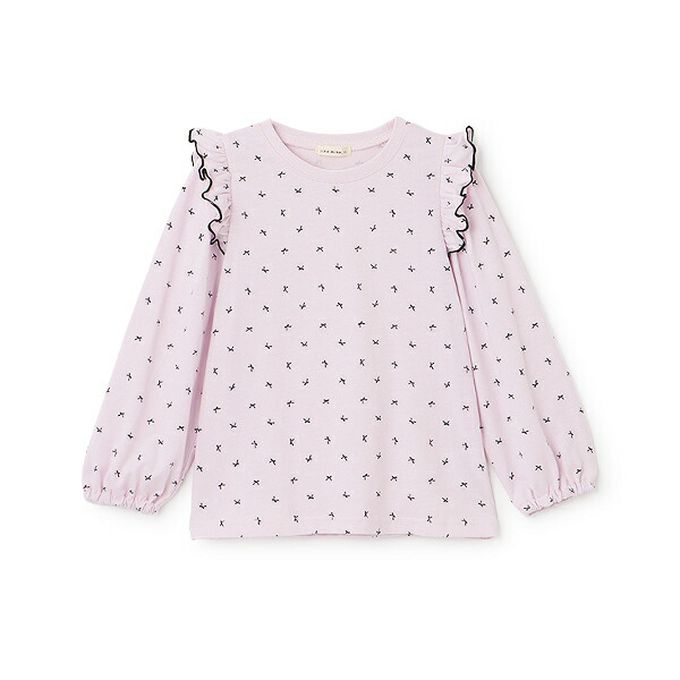 日本 Lycee mine - 100%棉 浪漫荷葉肩滿版印花長袖上衣-愛心-紫