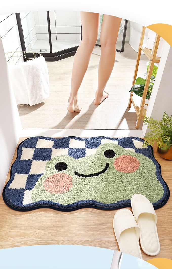 快速吸水植絨浴室腳踏墊-格紋青蛙-藍+白