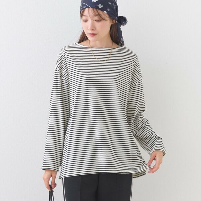 日本 OMNES - 100%棉 經典款細條紋長袖上衣-白底黑條紋