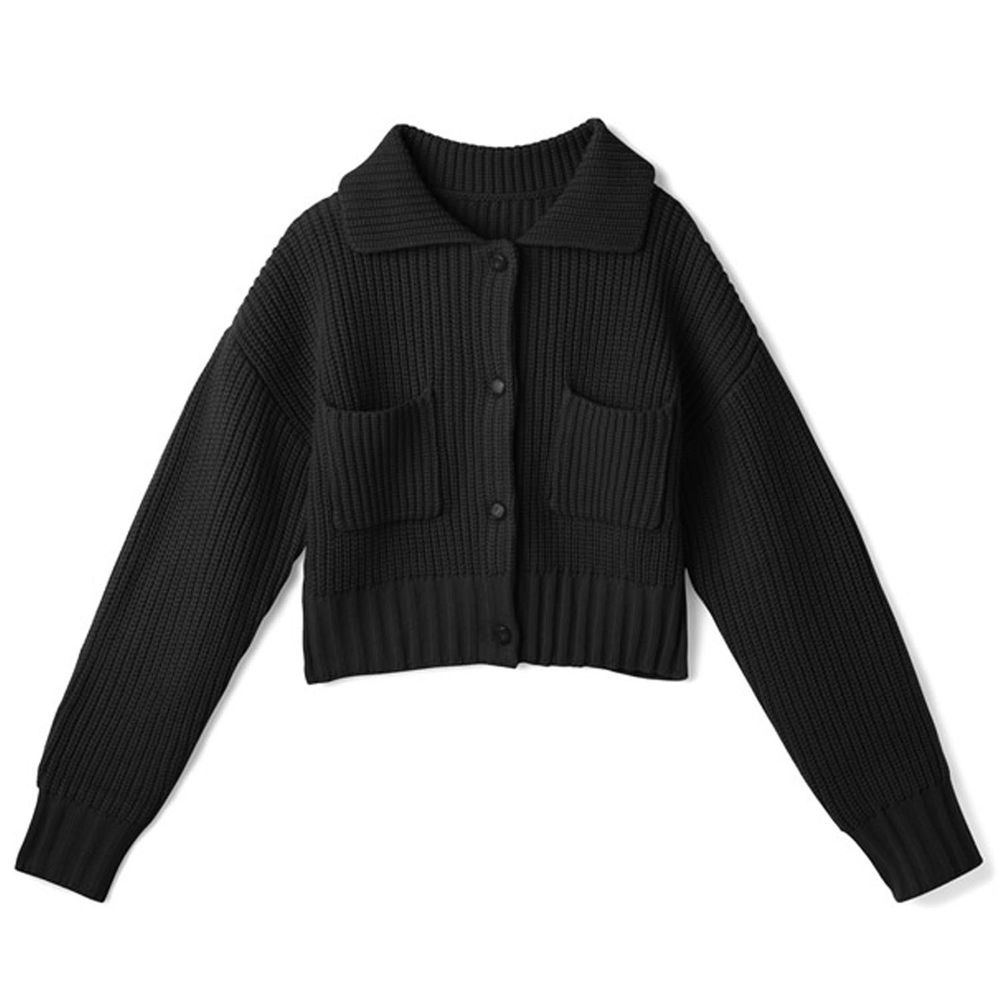 日本 GRL - 復古大翻領雙口袋短版針織毛衣/外套-黑