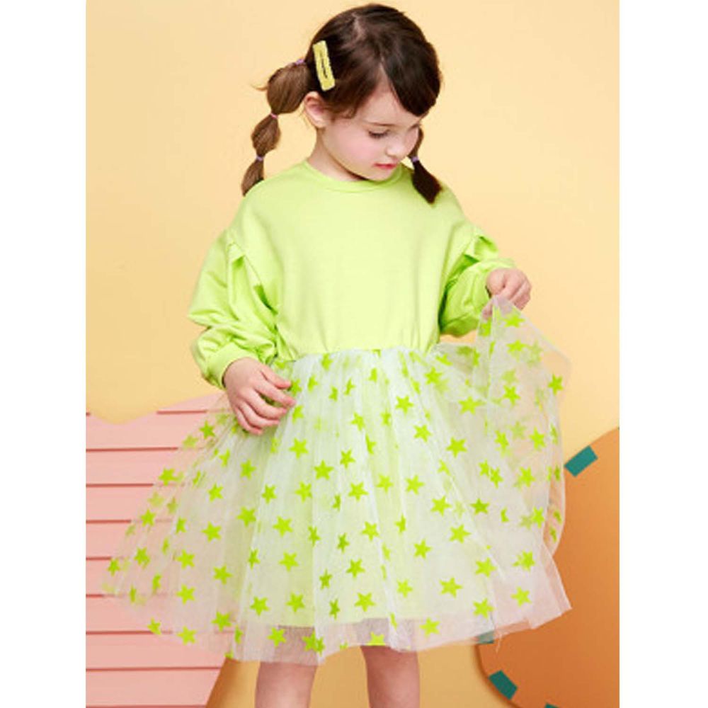 韓國 WALTON kids - 滿佈星星紗裙洋裝-青檸綠