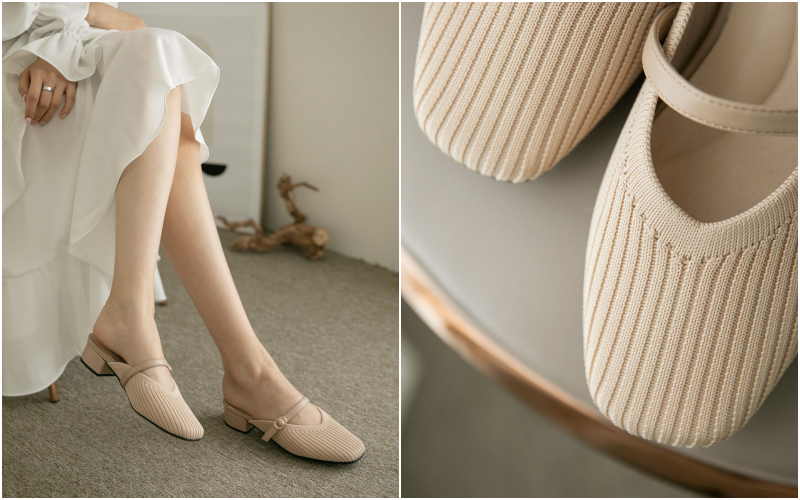 韓國 PINKELEPHANT - 秋日感針織面低跟穆勒鞋(4cm)-淺杏