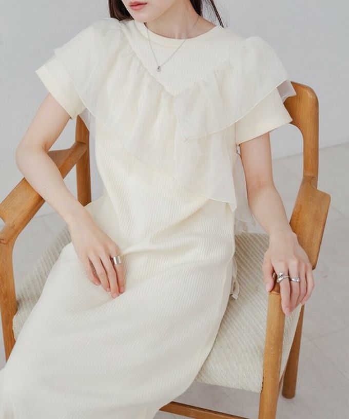 日本 Bab - 不對稱交叉薄紗拼接短袖洋裝-淺灰