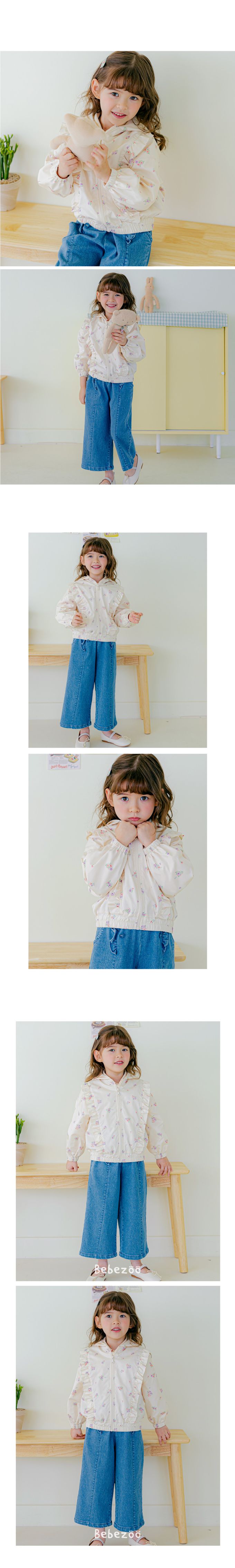 韓國 Bebezoo - 花綴裝飾防風拉鍊連帽外套-奶油