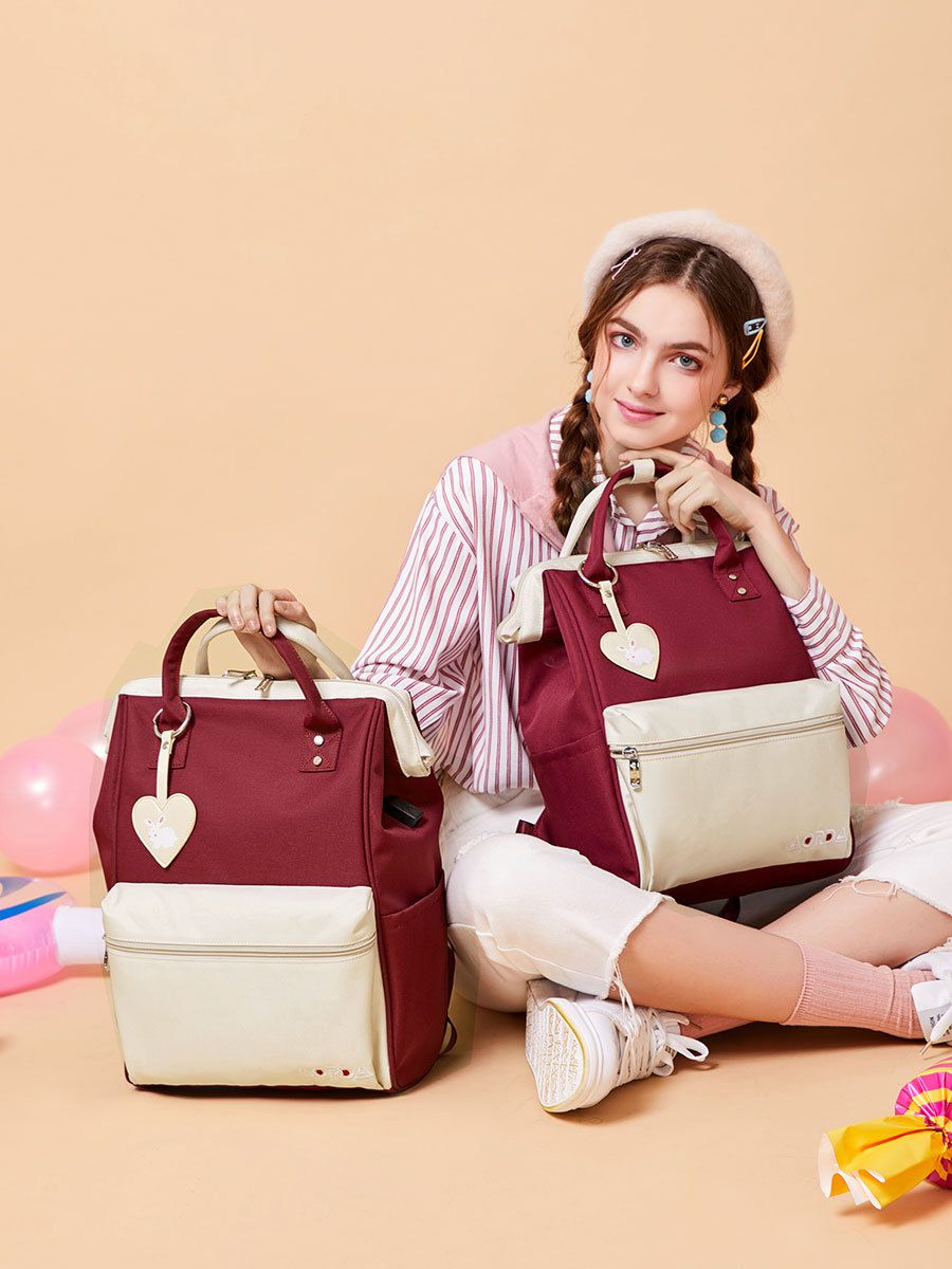 可愛撞色大開口書包-愛心兔子-粉色