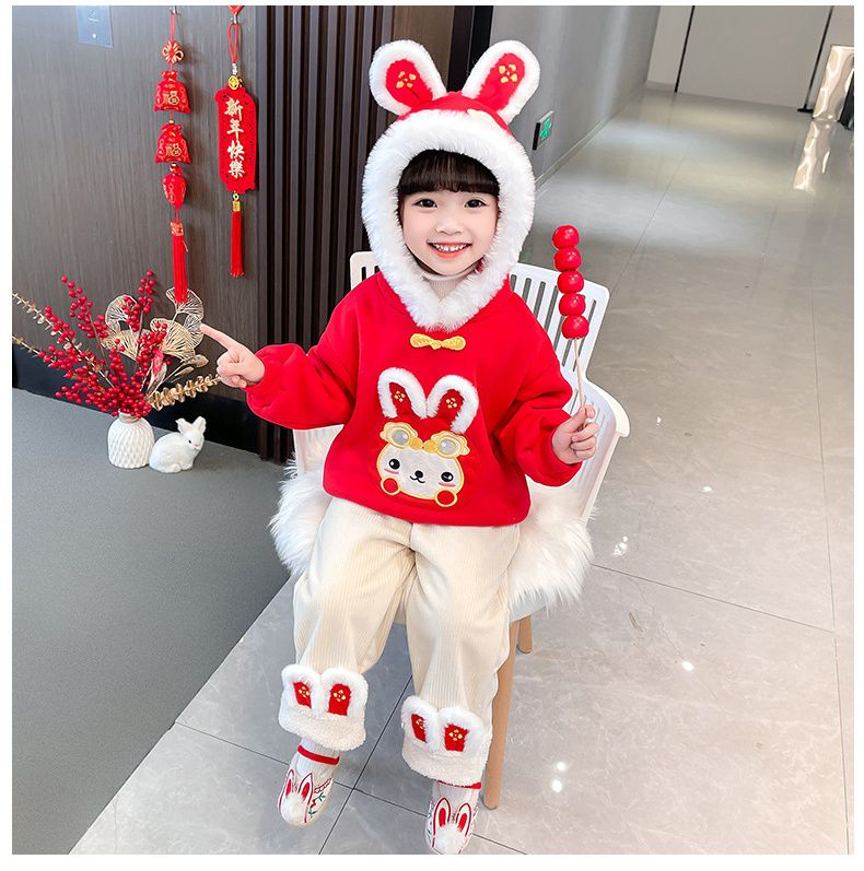 加絨喜氣洋洋拜年套裝-萌萌兔子年獸-紅+白