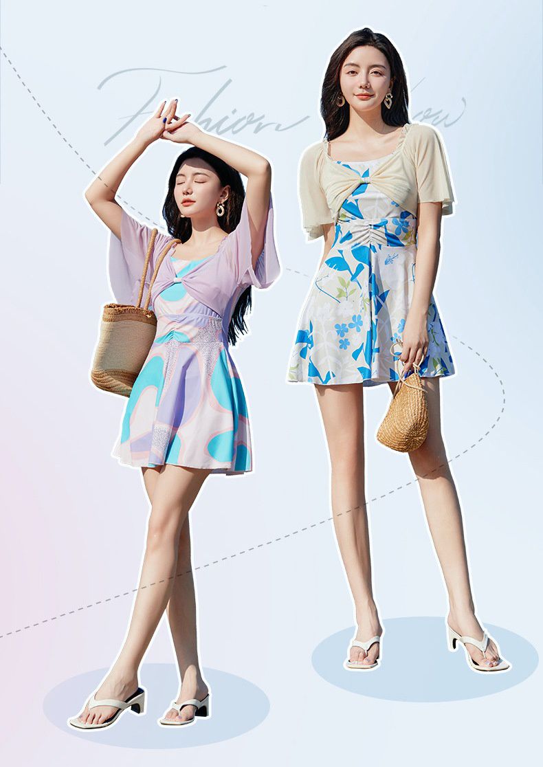 荷葉袖修身顯瘦遮肉連身裙泳衣-拼色幾何-淺紫色