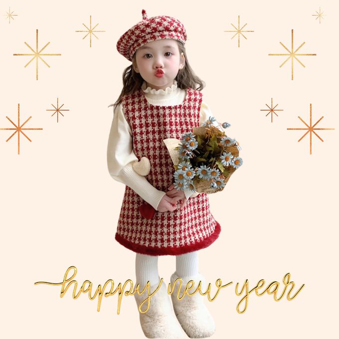 love, charlotte - 新年服法式小淑女千鳥格毛呢背心洋裝鑲毛邊配貝雷帽 - 背心洋裝+帽子 - 紅色