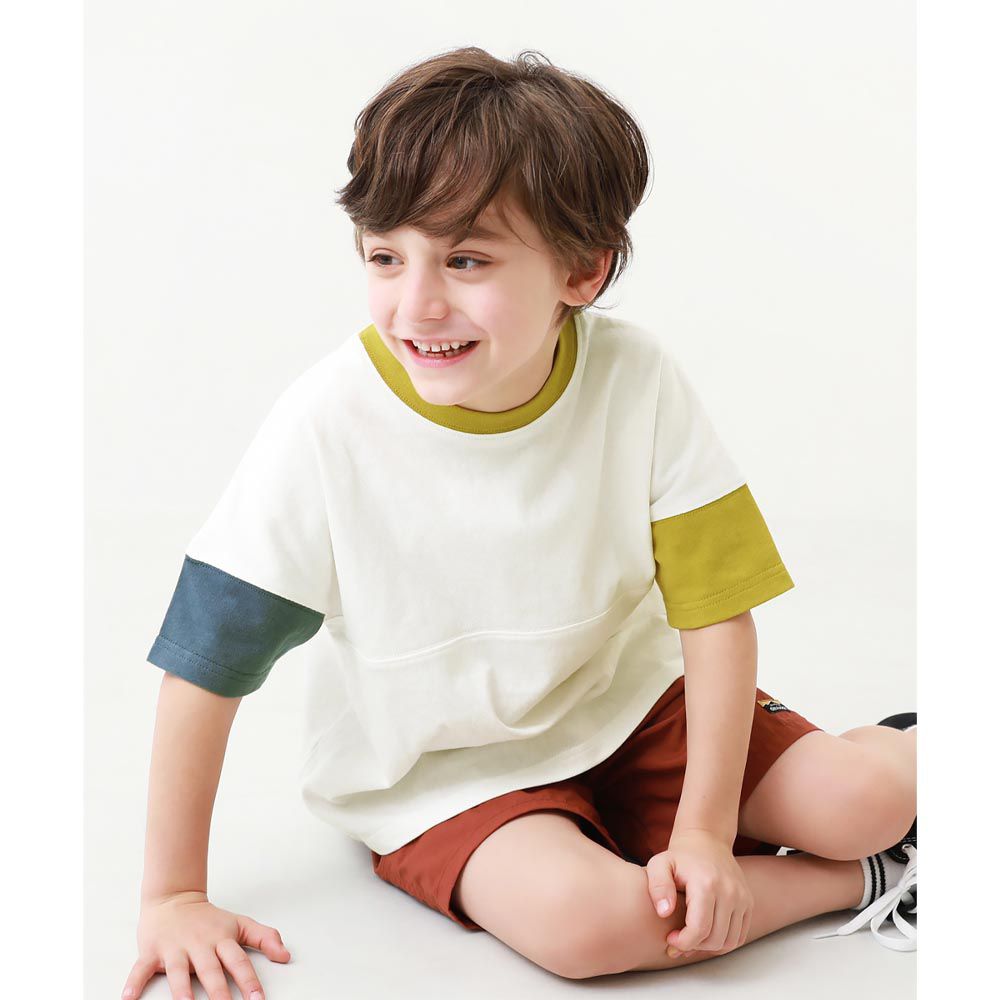 日本 devirock - 100%棉 色塊風短袖上衣-白底藍綠袖