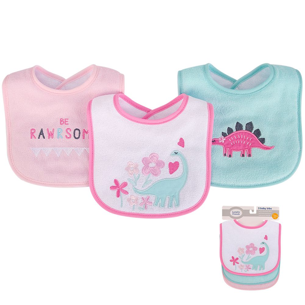 美國 Luvable Friends - 甜蜜寶貝嬰幼兒雙層吸水口水巾圍兜3入組-恐龍甜心