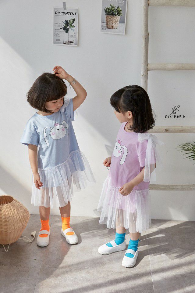 韓國 kikimora - 單邊緞帶皇冠兔網紗拼接洋裝-粉紫