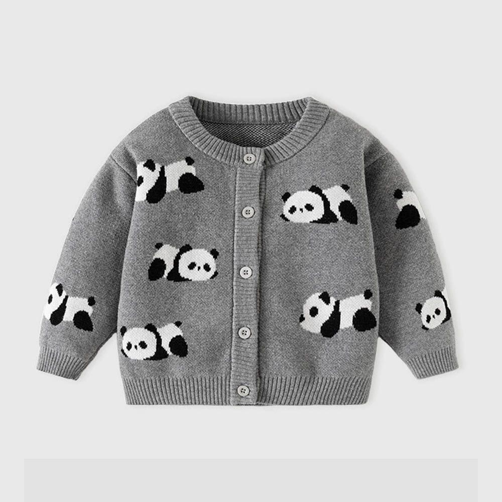純棉圓領針織排釦外套-可愛熊貓-深灰