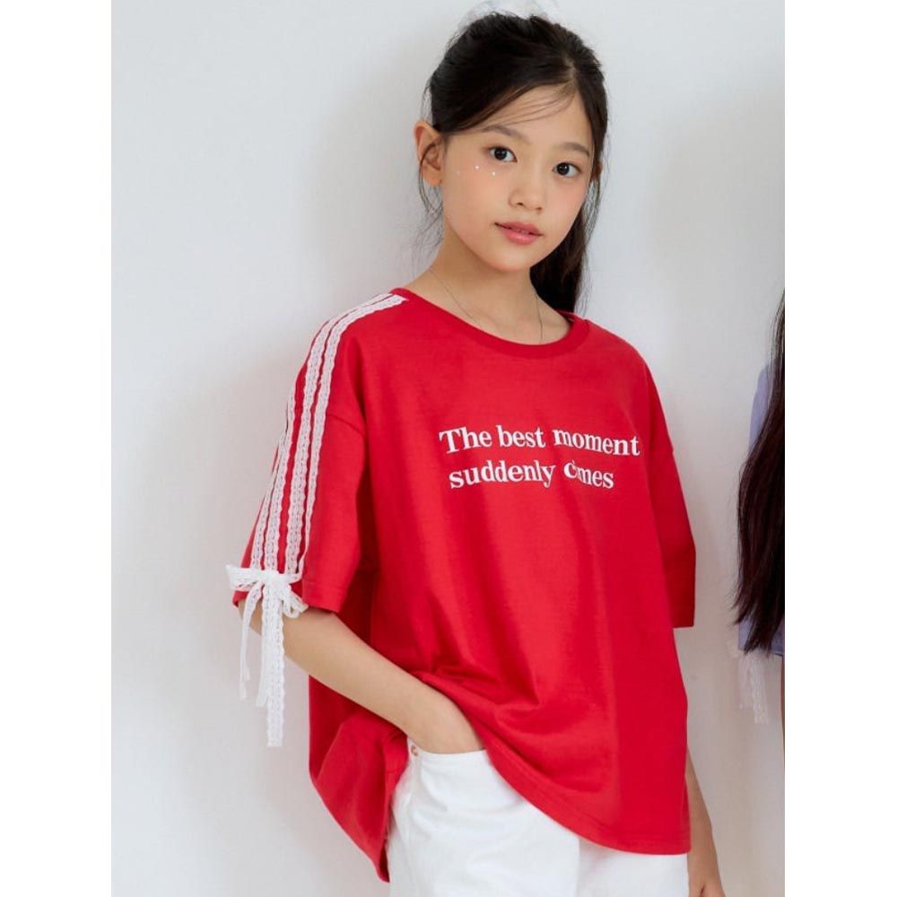 韓國 sm2 - 蕾絲線條裝飾短袖上衣-紅
