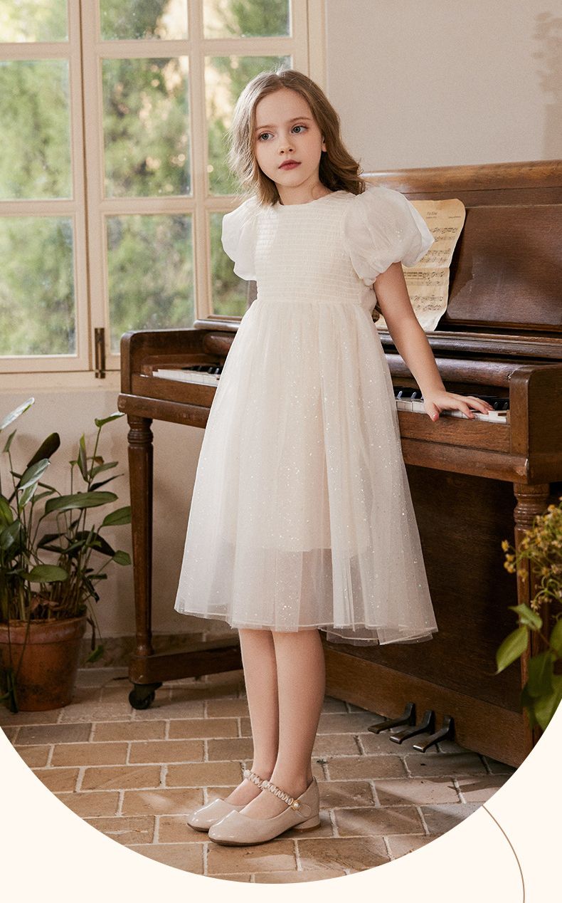 Little Deeyoo - 小仙女花苞袖亮片網紗連身洋裝-米杏色