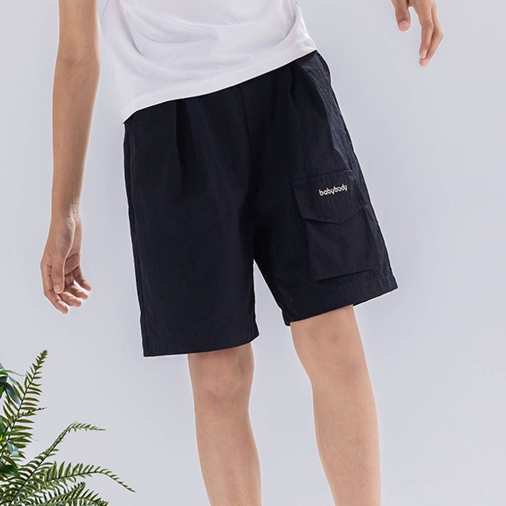 原紗防曬腰鬆緊休閒短褲-造型口袋-藏青