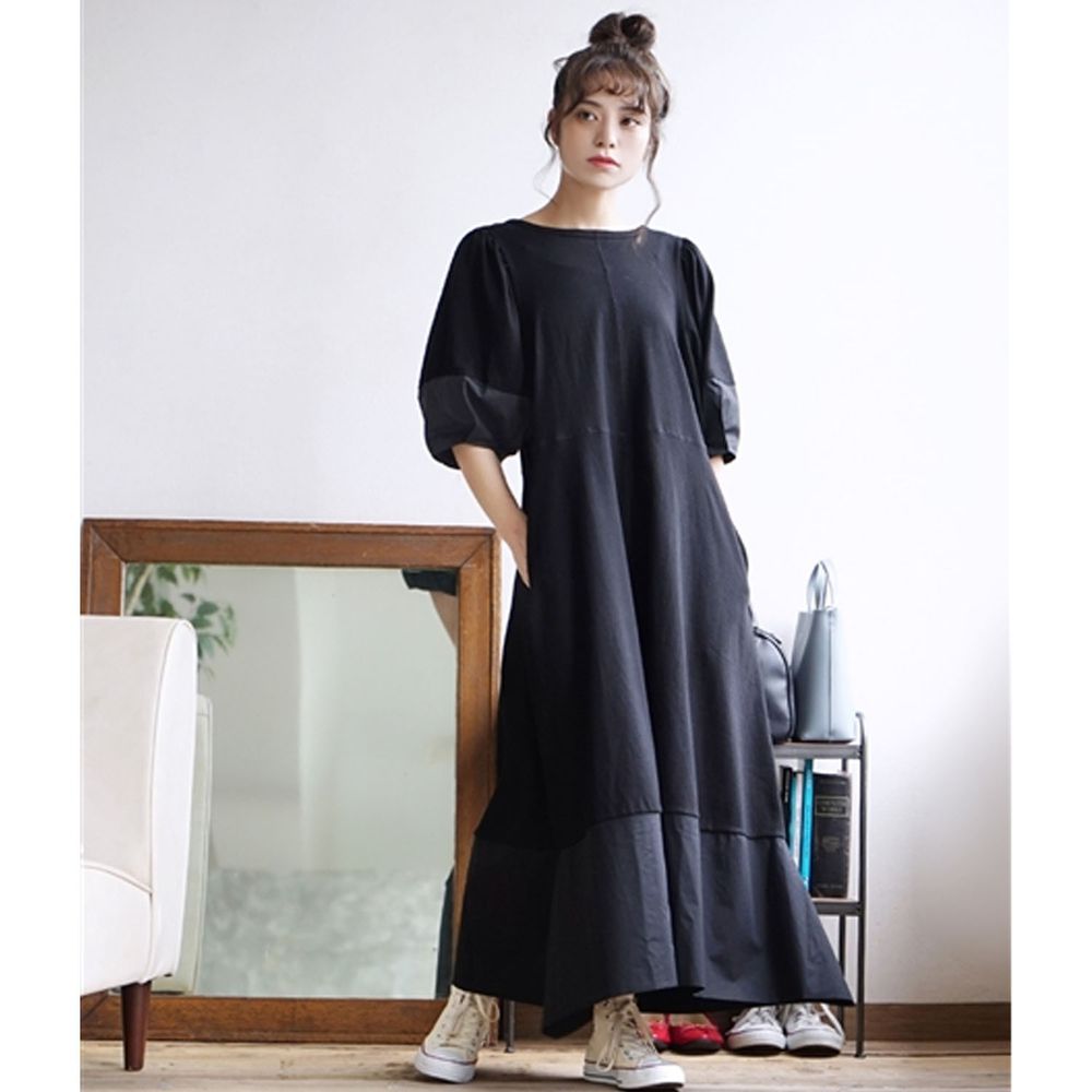 日本 zootie - 層次漸層設計感後蝴蝶結五分袖長洋裝-黑
