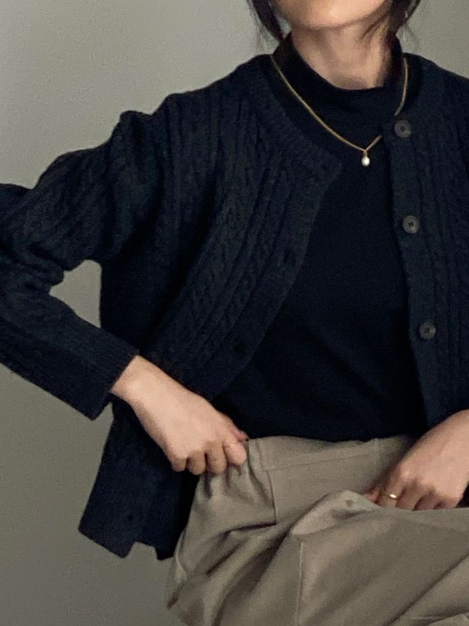 韓國女裝連線 - 麻花捲鈕扣無領針織外套-黑灰 (FREE)