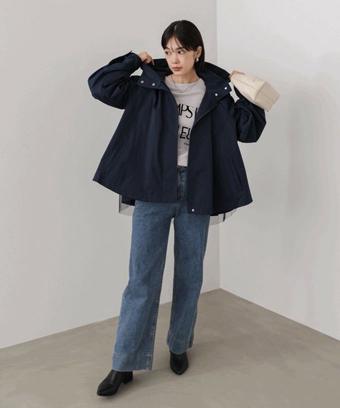 日本 Bab - [人氣款]背後皺摺薄紗連帽風衣外套-海軍藍