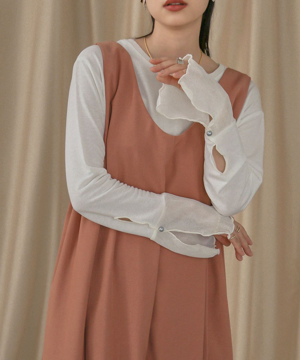 日本 Bab - 楊柳拼接珍珠薄長袖上衣-米杏