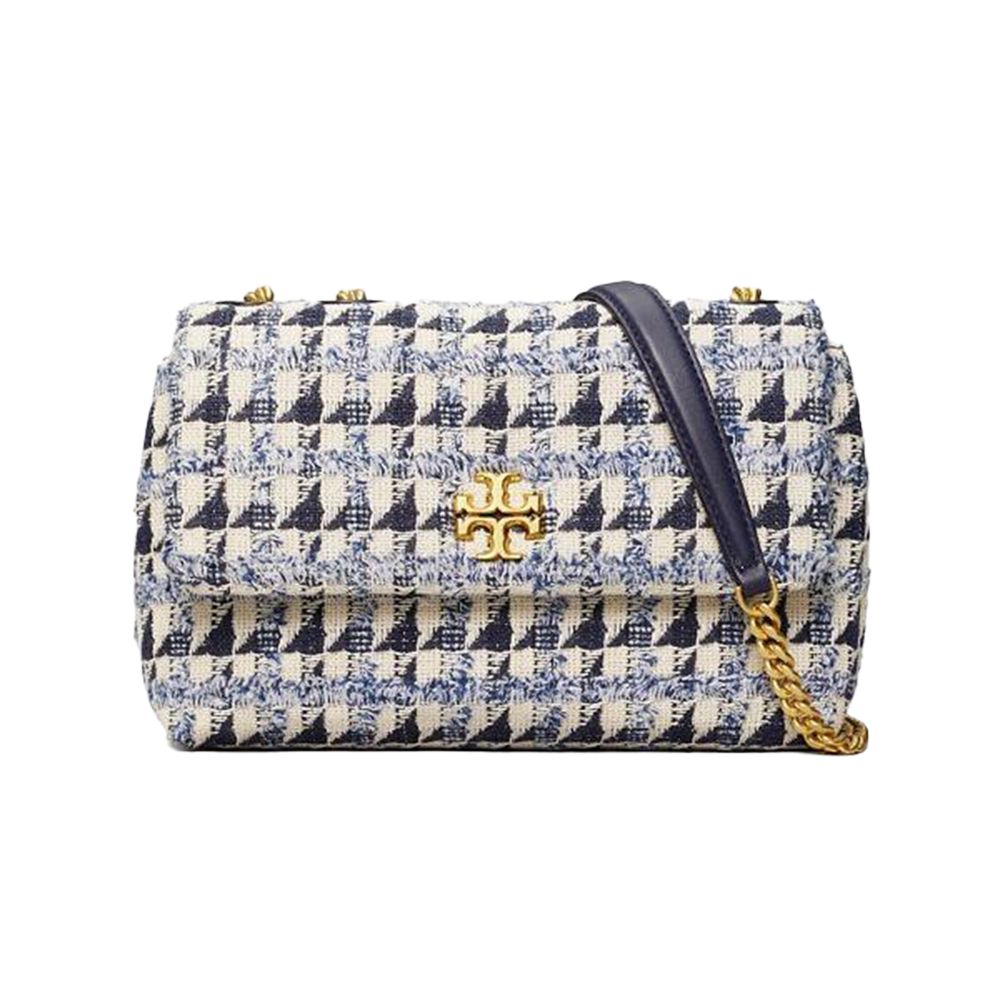 毛呢鍊條斜背包 (深藍米白)