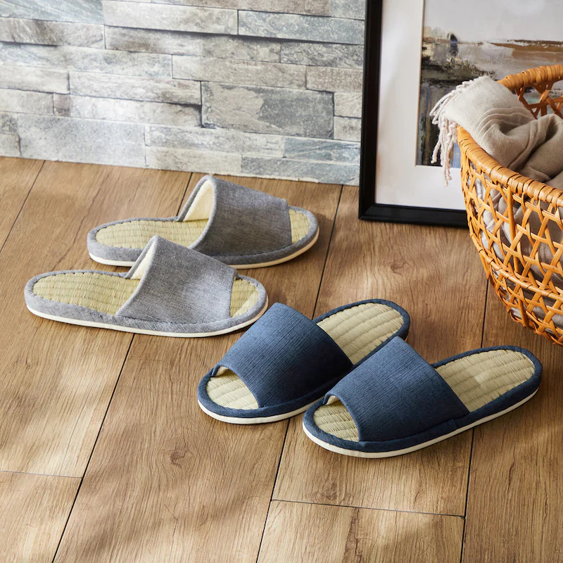 日本千趣會 - 日本製 棉麻X藺草透氣室內拖鞋-深藍