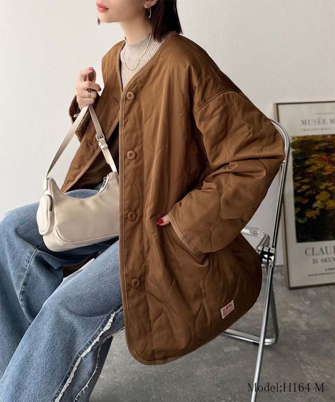 日本 Classical Elf - 簡約絎縫泡泡紋鋪棉外套-淺米杏