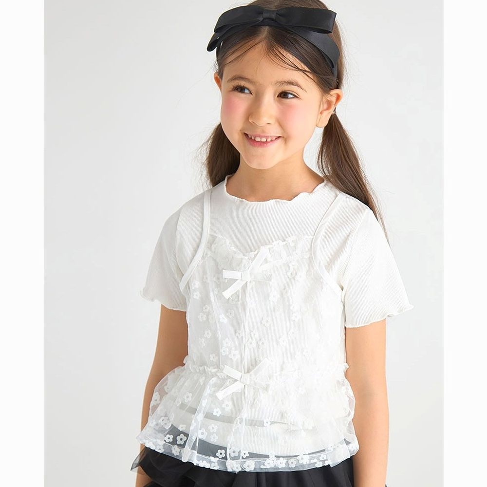 小花刺繡網紗裝飾短袖彈性上衣-白